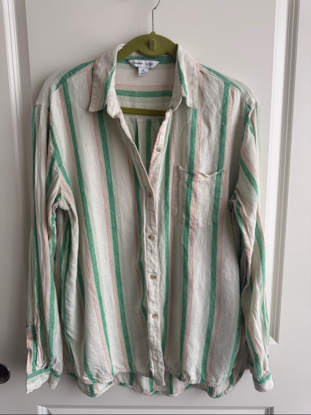 Casual Striped Linen-blend Button-Up Shirt - Green & Pink Stripe